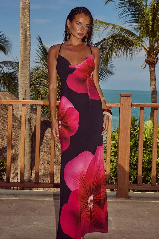BRIDGETTE MAXI DRESS - PINK FLOWER Fashionable Open-Back Maxi Dress