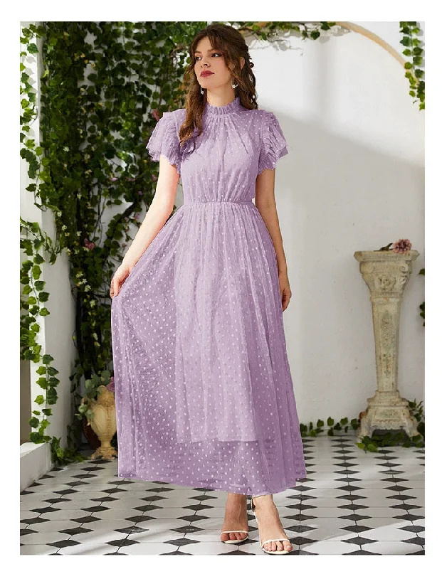 Casual Short Sleeve Stitching Mesh Maxi Dress Fashionable Off-Shoulder Maxi Dress