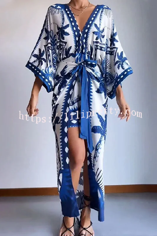 Lilipretty Chic Palm Tree Ethnic Print Fake Two Piece Lace Up Maxi Dress Cozy Ruffle Sleeve Maxi Dress