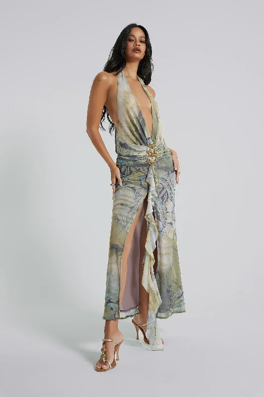 Cindy Plunge Maxi Dress In Green Comfortable Flowy Maxi Dress