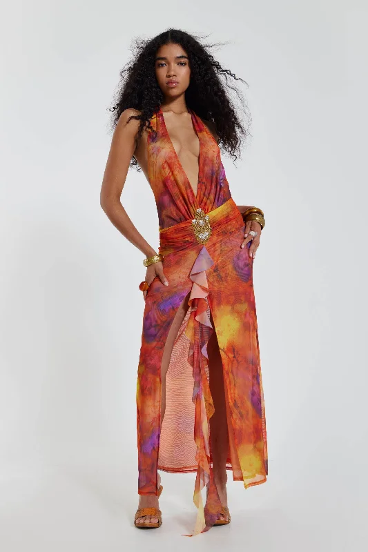 Cindy Plunge Maxi Dress In Orange Stylish Maxi Dress with Frills