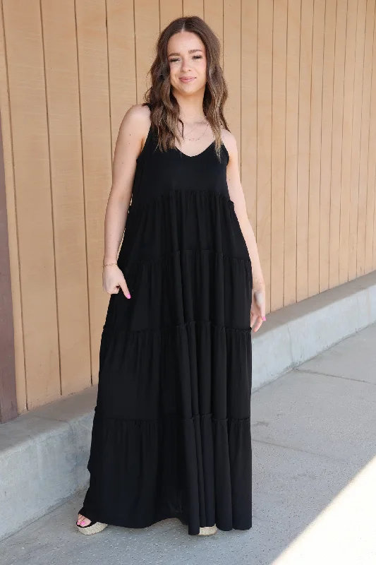 Coastal Views Maxi Dress In Black Fashionable Faux Wrap Maxi Dress