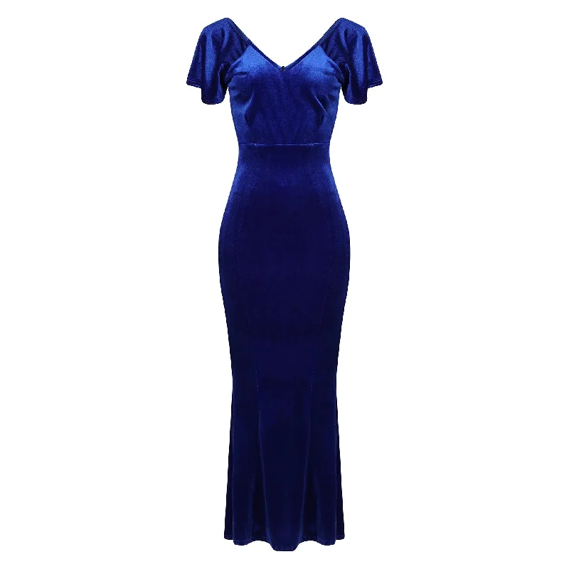 Cobalt Blue V Neck Velour Maxi Dress w/ Fishtail Hem & Waterfall Sleeves Trendy Maxi Dress with Straps Cobalt Blue V Neck Velour Maxi Dress w/ Fishtail Hem & Waterfall Sleeves Trendy Maxi Dress with Straps