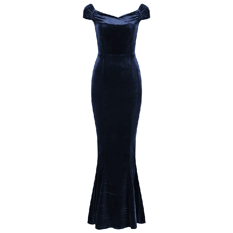 Navy Blue Cap Sleeve Crossover Bust Fishtail Hem Velour Maxi Dress Trendy Short Sleeve Maxi Dress Navy Blue Cap Sleeve Crossover Bust Fishtail Hem Velour Maxi Dress Trendy Short Sleeve Maxi Dress