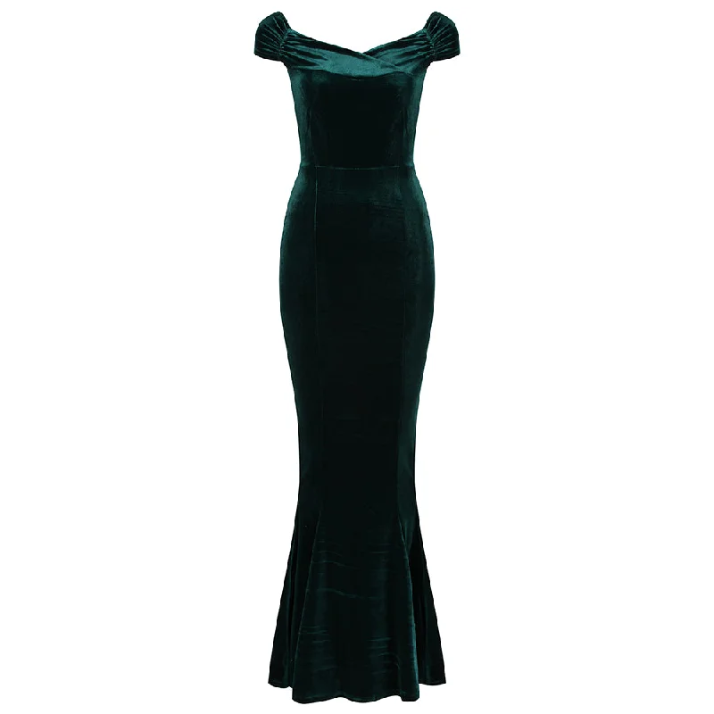 Green Cap Sleeve Crossover Bust Fishtail Hem Velour Maxi Dress Comfortable Long-Sleeve Maxi Dress Green Cap Sleeve Crossover Bust Fishtail Hem Velour Maxi Dress Comfortable Long-Sleeve Maxi Dress