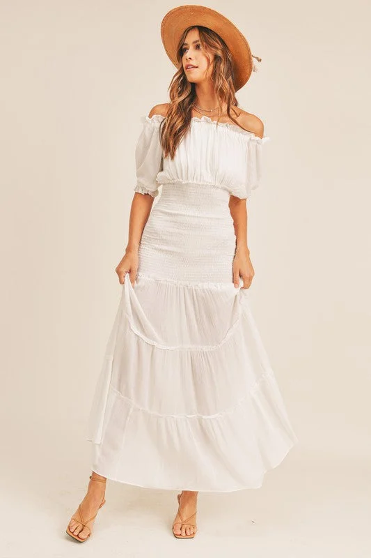Kinley Off Shoulder White Maxi Dress Classic Tulle Maxi Dress