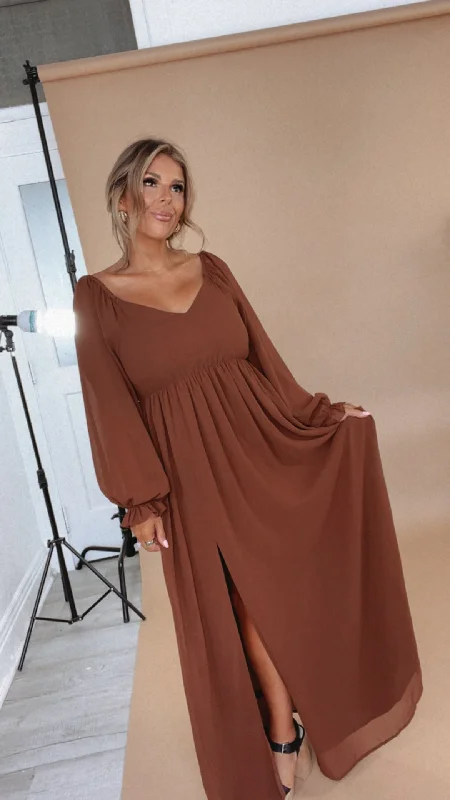Timeless Romantic Chiffon Maxi Dress, Brown Trendy Fit-and-Flare Maxi Dress