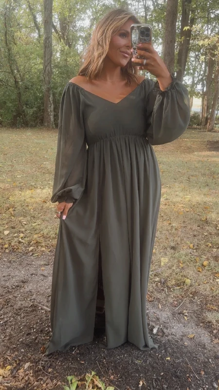 ECB Exclusive: Timeless Romantic Chiffon Maxi Dress, Olive Trendy V-Neck Maxi Dress