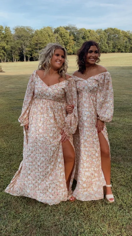 ECB Exclusive: Timeless Romantic Chiffon Maxi Dress, Pink Floral Trendy Maxi Dress with Belt