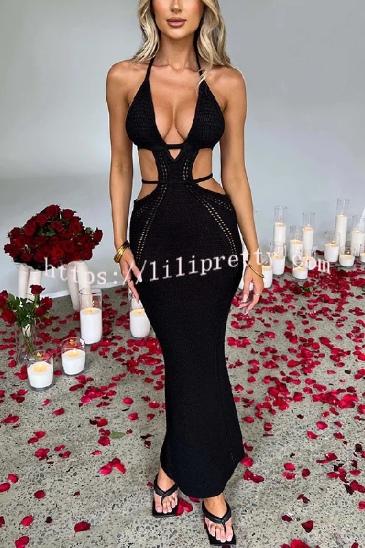 Effortlessly Cool and Sexy Knit Crochet Cutout Halter Tie-up Stretch Maxi Dress Comfortable Satin Maxi Dress Effortlessly Cool and Sexy Knit Crochet Cutout Halter Tie-up Stretch Maxi Dress Comfortable Satin Maxi Dress