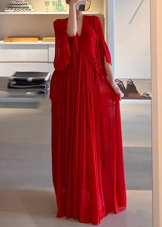 Elegant Red V Neck Wrinkled Solid Chiffon Maxi Dress Half Sleeve Cozy Longline Maxi Dress