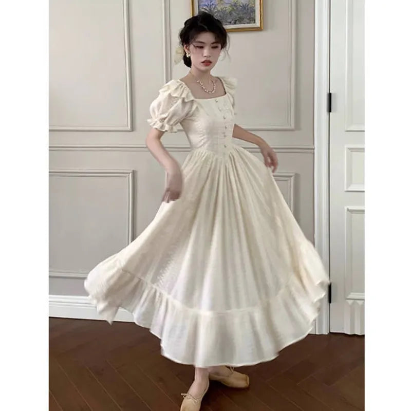Elegant Square Collar White Dress Summer Fashion Puff Sleeve Ruffle Dress for Women 2024 Chic Vintage Maxi Dresses 2024  New Elegant Maxi Dress with Belt
