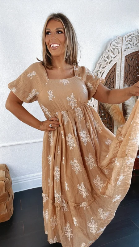 Embroidered Bubble Sleeve Maxi Dress, Camel Fashionable Button-Down Maxi Dress
