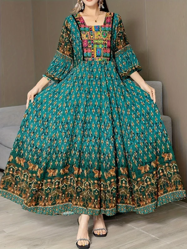 Ethnic Floral Pattern Maxi Dress, Boho Square Neck 3/4 Sleeve Dress, Women's Clothing Stylish Empire Waist Maxi Dress Ethnic Floral Pattern Maxi Dress, Boho Square Neck 3/4 Sleeve Dress, Women's Clothing Stylish Empire Waist Maxi Dress