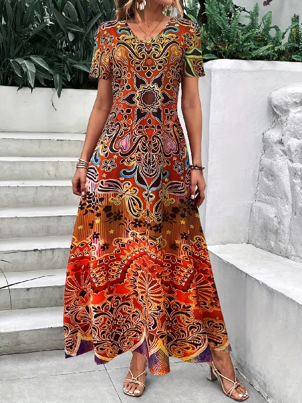 Ethnic Floral Print Dress, Boho V Neck Short Sleeve Maxi Dress, Women's Clothing Trendy Off-Shoulder Ruffle Maxi Dress Ethnic Floral Print Dress, Boho V Neck Short Sleeve Maxi Dress, Women's Clothing Trendy Off-Shoulder Ruffle Maxi Dress