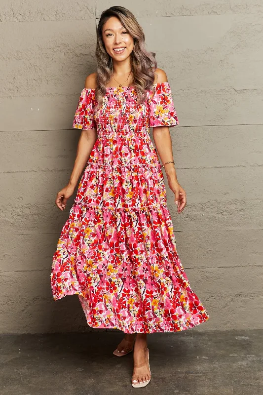 Floral Off-Shoulder Frill Trim Maxi Dress Fashionable Open-Back Maxi Dress