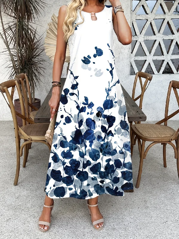 Floral Print Keyhole Dress, Boho Sleeveless Crew Neck Maxi Dress With Pocket, Women's Clothing Comfortable Maxi Dress with Slits Floral Print Keyhole Dress, Boho Sleeveless Crew Neck Maxi Dress With Pocket, Women's Clothing Comfortable Maxi Dress with Slits