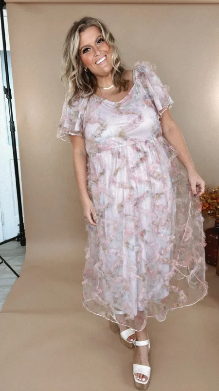 Floral Tulle Maxi Dress, Pink Fashionable Halter Neck Maxi Dress
