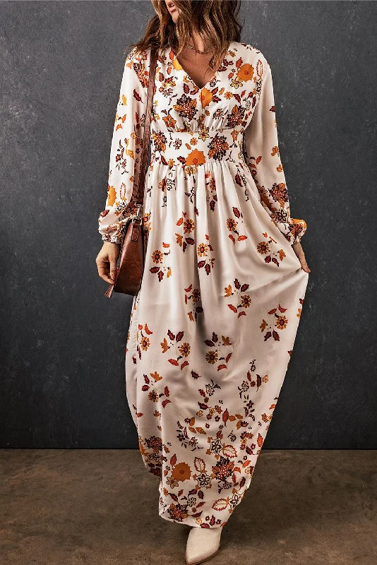 Floral V-Neck Long Sleeve Maxi Dress Stylish Pleated A-Line Maxi Dress
