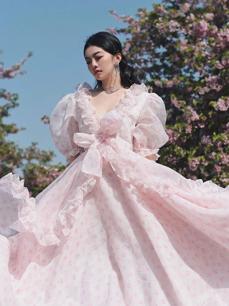 High Street Maxi Dress Gown Elegant Chic Pink Summer Women Dresses Ruffles Bow Tie Holiday Ladies Vestidos Fashionable Layered Maxi Dress