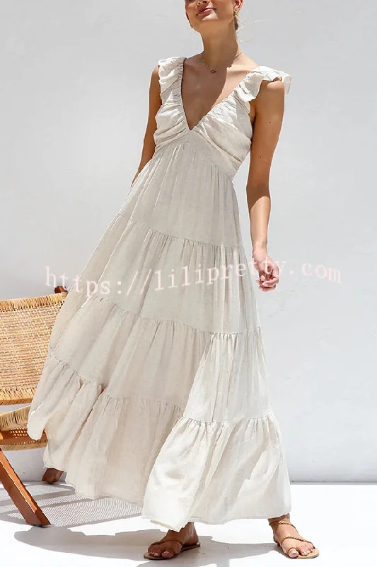 Hawaiian Brunch Linen Blend Back Smocked Tiered Vacation Maxi Dress Fashionable Printed Maxi Dress