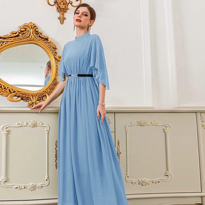 High Neck Bell Sleeve Solid Color Maxi Dress Elegant Maxi Dress with Belt