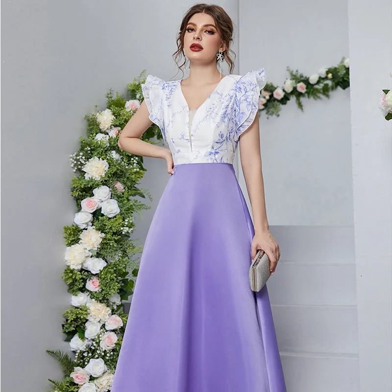 High Waist V Neck Petal Sleeve Printed Maxi Dress Comfortable Maxi Dress with Slits