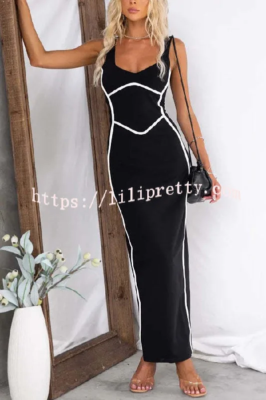 Lilipretty In The Heads Turn Line Trim Bodycon Stretch Maxi Dress Stylish Button-Up Maxi Dress