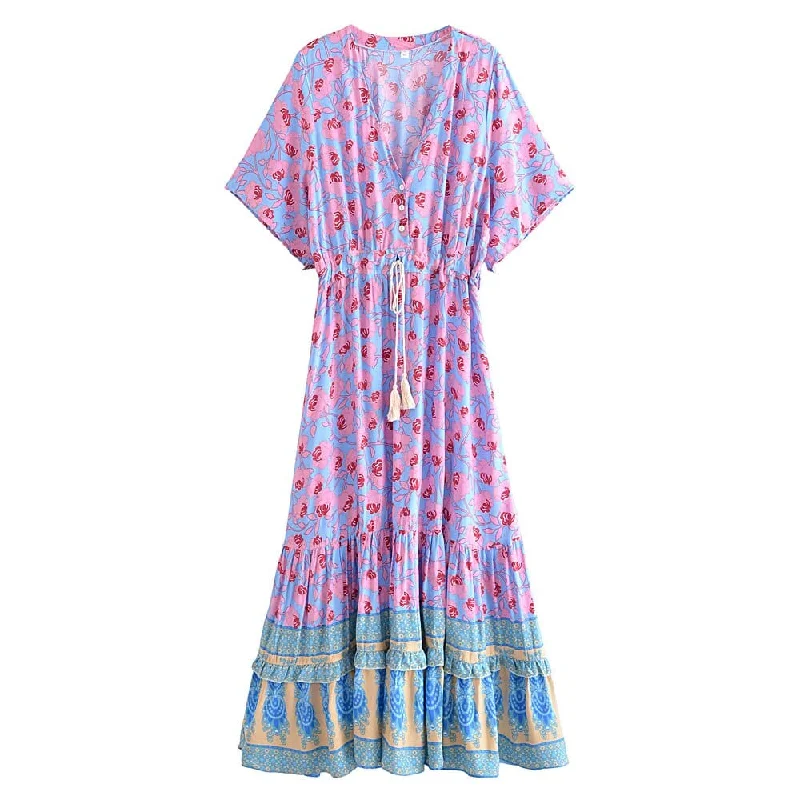 Indigo Boho Maxi Dress Comfortable Plunging Neckline Maxi Dress