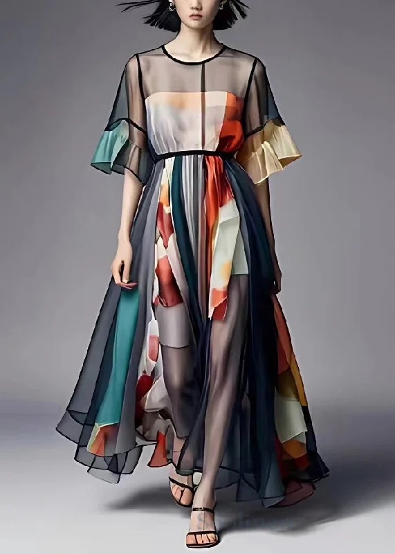 Italian Black O Neck Print Patchwork Chiffon Maxi Dresses Half Sleeve Fashionable Open-Back Maxi Dress Italian Black O Neck Print Patchwork Chiffon Maxi Dresses Half Sleeve Fashionable Open-Back Maxi Dress