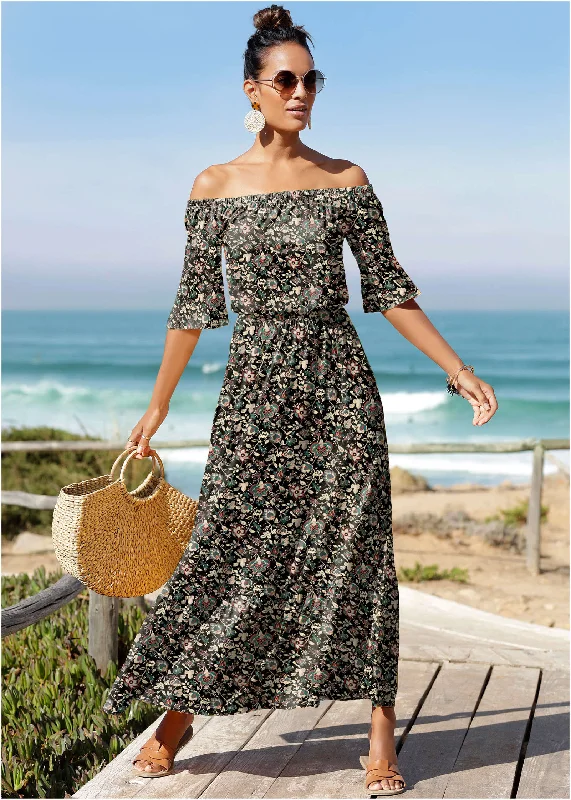 Off-The-Shoulder Maxi Dress - Black Floral Classic Solid Maxi Dress