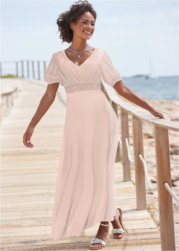 Smocked-Waist Maxi Dress - Blush Elegant Lace-Up Maxi Dress