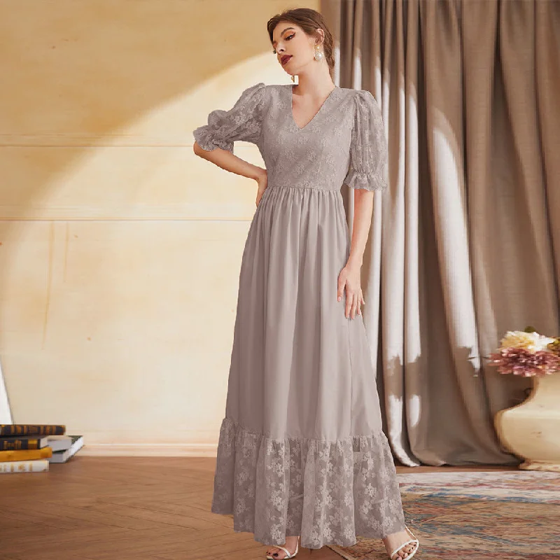 Lantern Sleeve V Neck High Waist Maxi Dress Stylish A-Line Maxi Dress