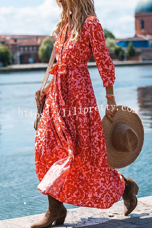Lapel Slit Floral Print Lace Up Button Maxi Dress Elegant Maxi Dress with Lace