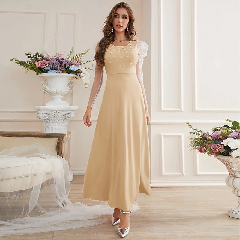 Long Sleeve Mesh Regular Maxi Dress Trendy Maxi Dress with Bow