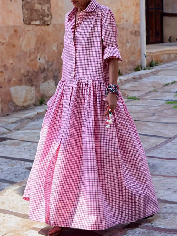 Long Sleeves Loose Buttoned Plaid Pleated Split-Joint Lapel Maxi Dresses Stylish Boho Chic Maxi Dress