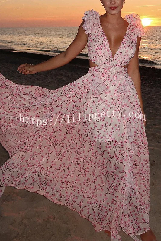 Lilipretty® Lost in The Melody Chiffon Printed Flutter Sleeve Cutout Back Lace-up Maxi Dress Comfortable Ruffle Maxi Dress Lilipretty® Lost in The Melody Chiffon Printed Flutter Sleeve Cutout Back Lace-up Maxi Dress Comfortable Ruffle Maxi Dress