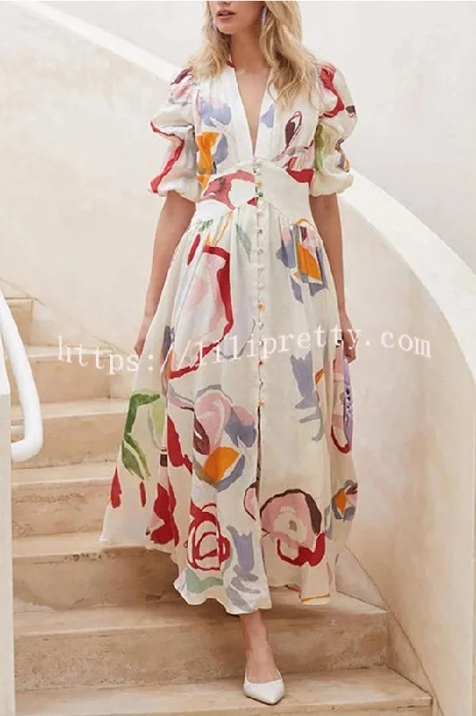 Lilipretty Lover's Gaze Watercolor Floral Printed Puff Sleeve Button Maxi Dress Trendy Short Sleeve Maxi Dress
