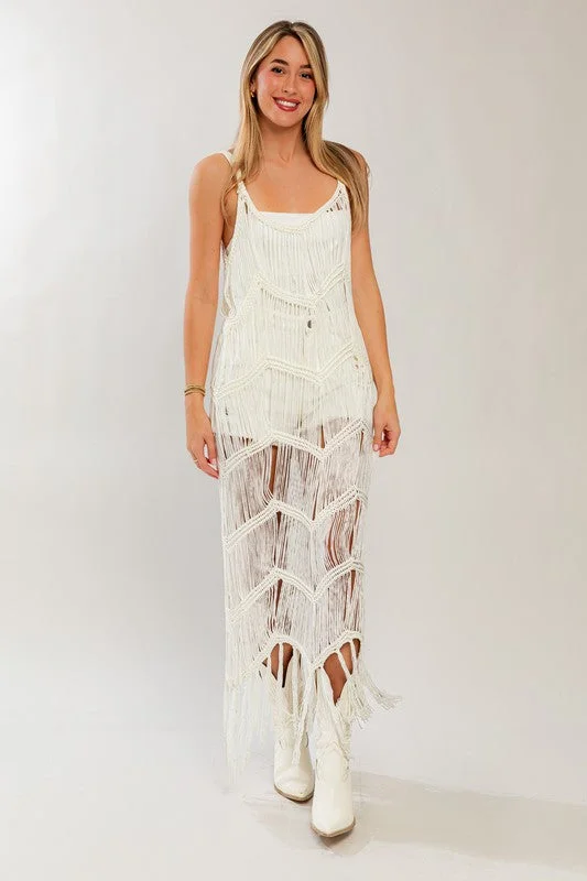 Madrid Knit Crochet Fringe Maxi Dress Elegant Boho Maxi Dress