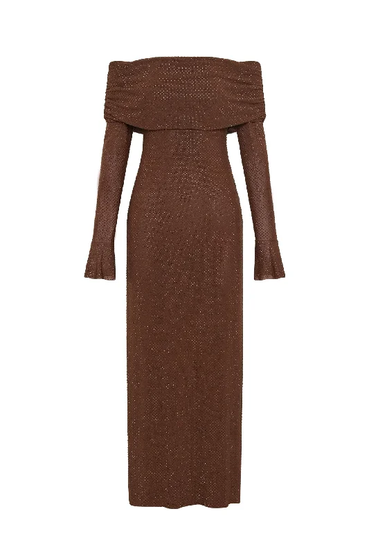 Marcel Off Shoulder Diamante Maxi Dress Brown by Meshki Casual Maxi Dress with Pockets