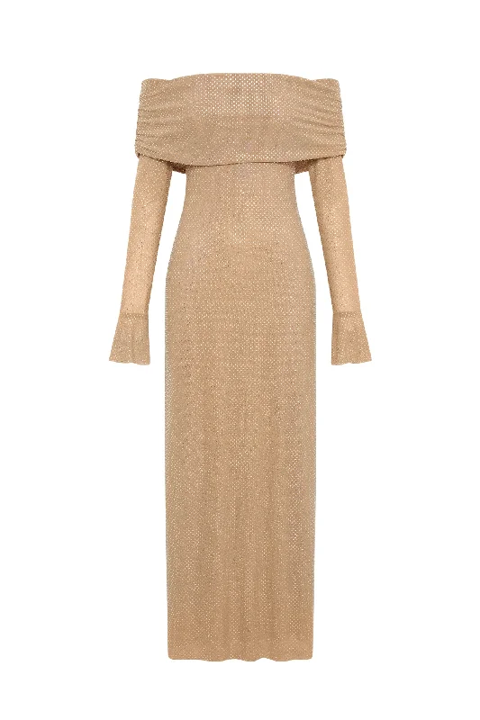Marcel Off Shoulder Diamante Maxi Dress Nude by Meshki Stylish Boho Chic Maxi Dress