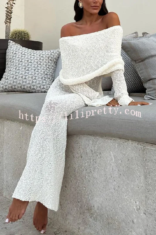 Marisol Ribbed Boucle Material Draped Off Shoulder Stretch Vacation Maxi Dress Comfortable Maxi Dress with Slits