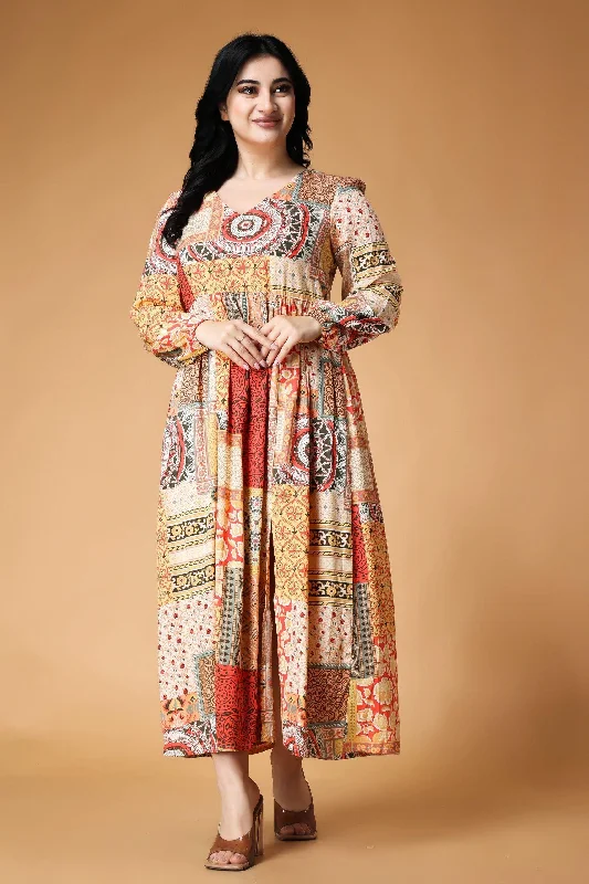 Multicolored Patch Printed Maxi Dress Stylish V-Neck Maxi Dress