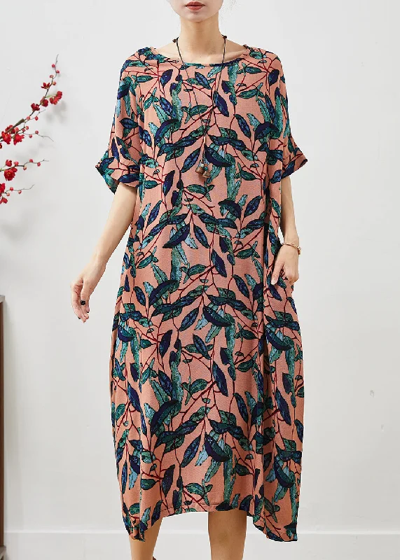Natural Brown Oversized Print Linen Maxi Dress Summer Chic Boho Print Maxi Dress