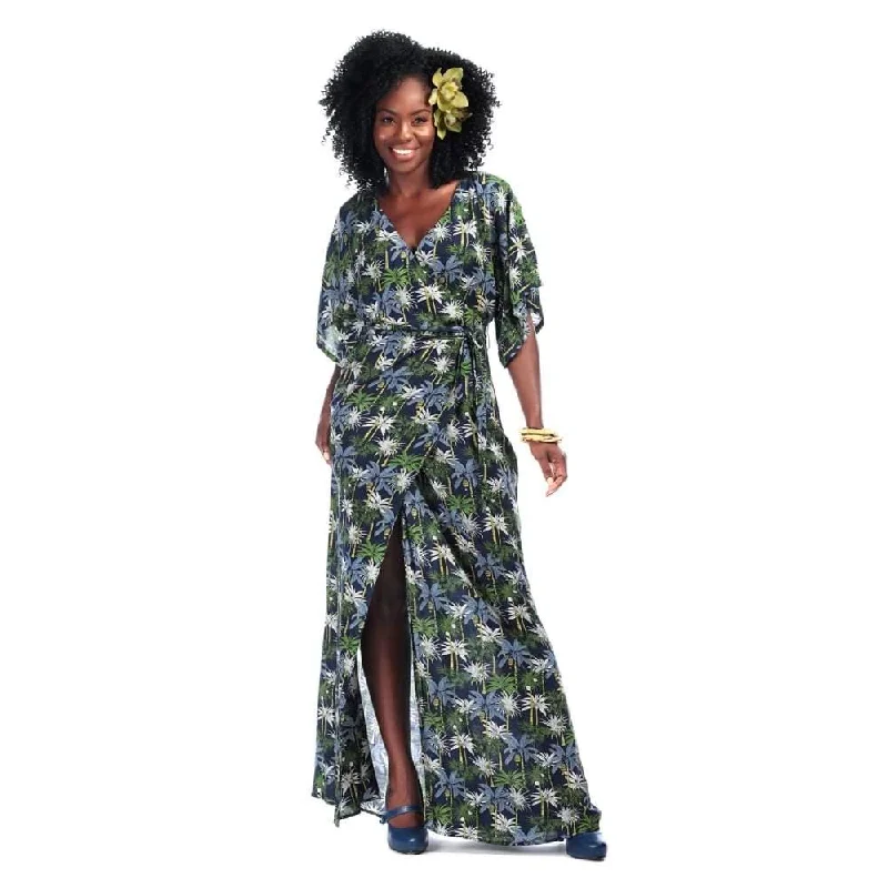Navy Blue and Green Palm Tree Print Faux Wrap Maxi Dress Elegant Sleeveless Maxi Dress