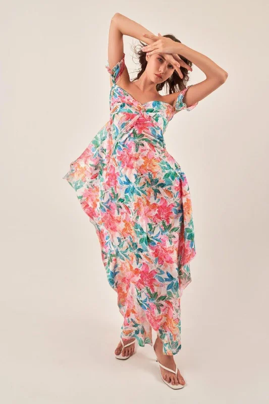 OFF-SHOULDER TROPICAL PRINT MAXI DRESS Comfortable Maxi Dress with Sleeves