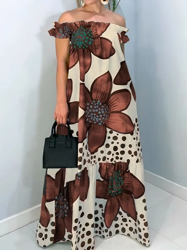 Plus Size Boho Dress, Women's Plus Floral Print Ruffle Trim Off Shoulder Cap Sleeve Maxi Dress Cozy Maxi Dress with Slit Plus Size Boho Dress, Women's Plus Floral Print Ruffle Trim Off Shoulder Cap Sleeve Maxi Dress Cozy Maxi Dress with Slit