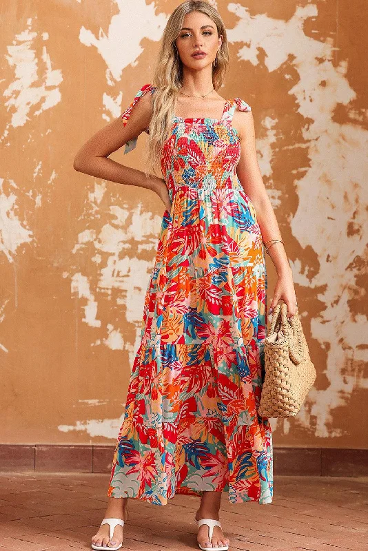 Printed Tie Shoulder Smocked Tiered Maxi Dress Comfortable Ruffle Hem Maxi Dress