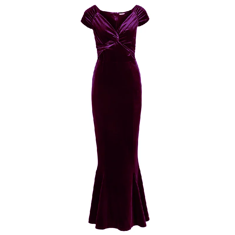 Purple Cap Sleeve Twist Bust Fishtail Hem Velour Maxi Dress Fashionable High-Low Maxi Dress Purple Cap Sleeve Twist Bust Fishtail Hem Velour Maxi Dress Fashionable High-Low Maxi Dress