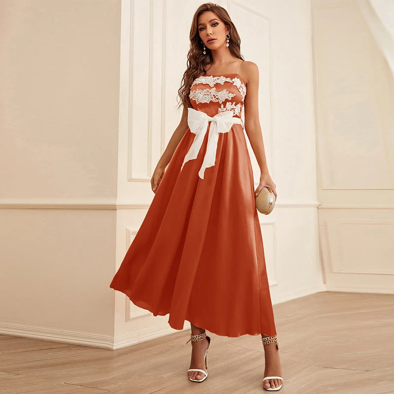 Ribbon Slim Fit Belted Maxi Dress Trendy Satin Maxi Dress